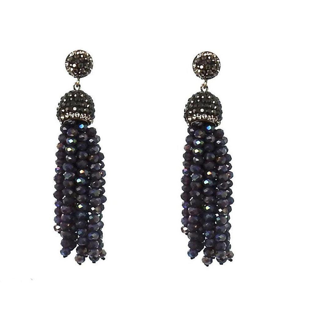 Dark crystal tassel earrings with sparkly accents.
