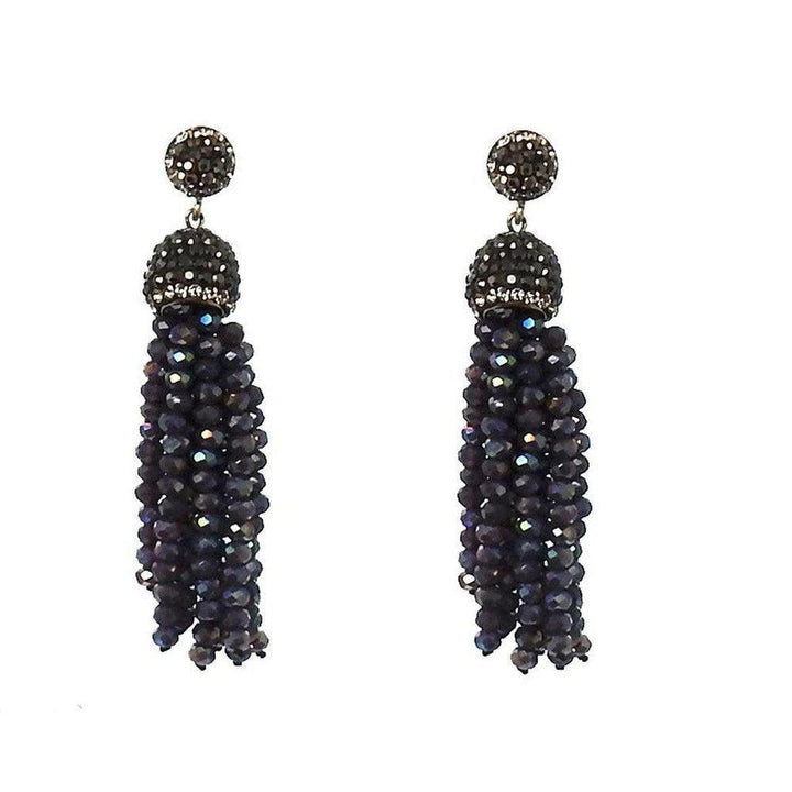 Dark crystal tassel earrings with sparkly accents.
