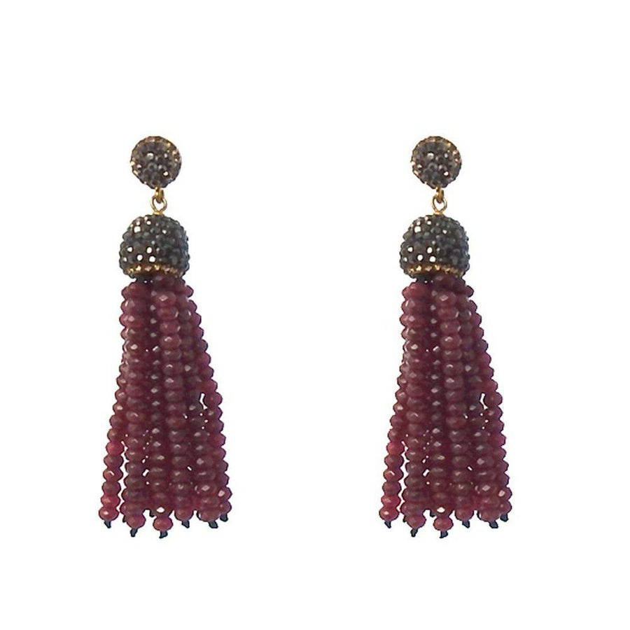 Hematite & Garnet Crystal Tassel Earrings: Deep red garnet bead tassels accented with dark grey hematite.
