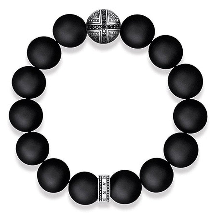 Black obsidian beaded bracelet with silver cross charm and accents.
