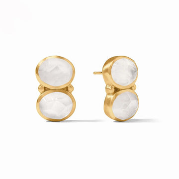 Gold stud earrings featuring two milky white stones.
