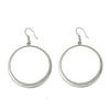 Silver hoop earrings with wire; modern, minimalist design.
