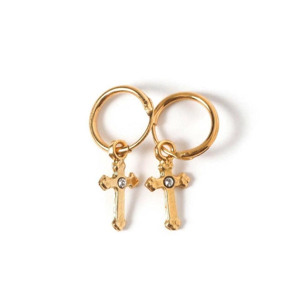 Gold Hoop Lovers Cross Earrings with sparkling CZ center.
