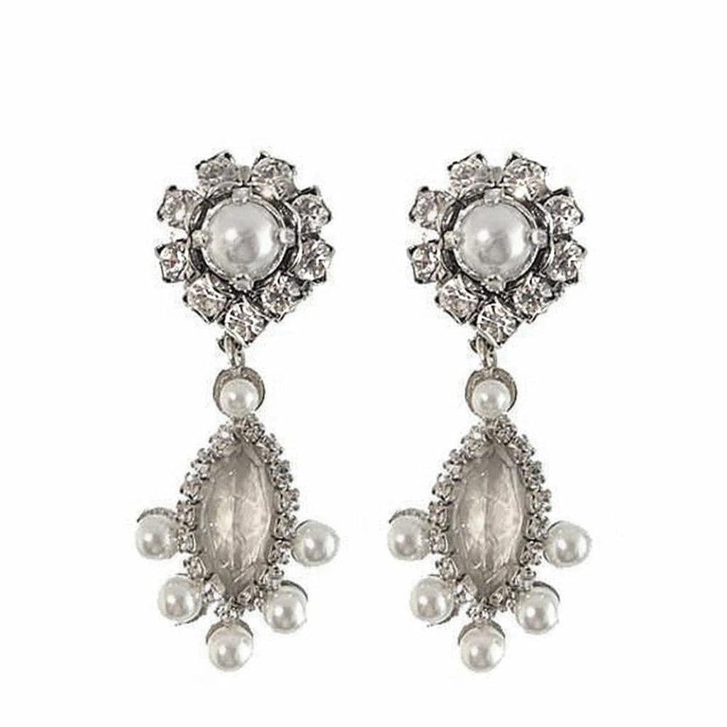 Silver I Do bridal earrings with pearl and crystal accents.
