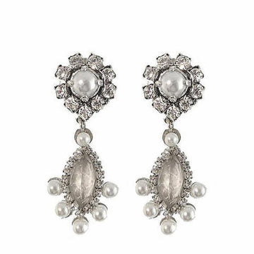 Silver I Do bridal earrings with pearl and crystal accents.
