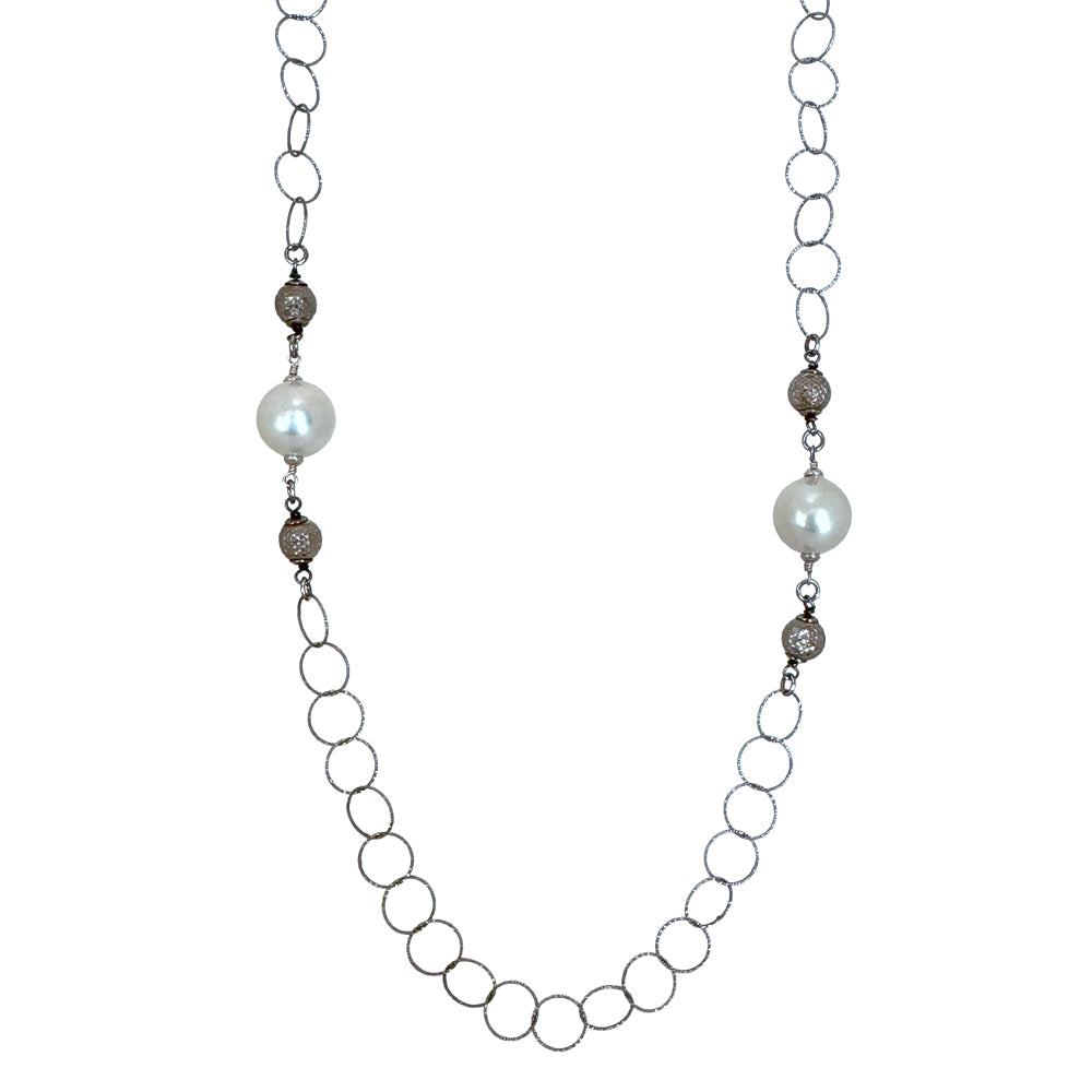 Silver Link Chain with Stationed Pearls