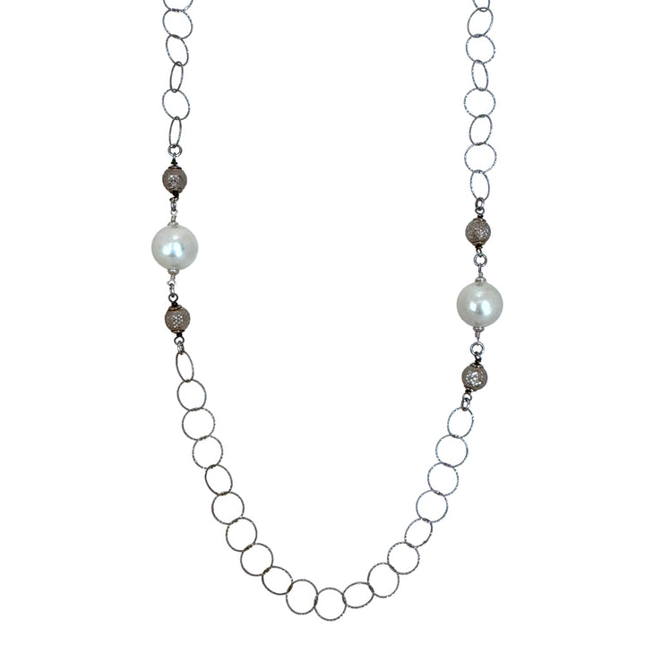 Silver Link Chain with Stationed Pearls