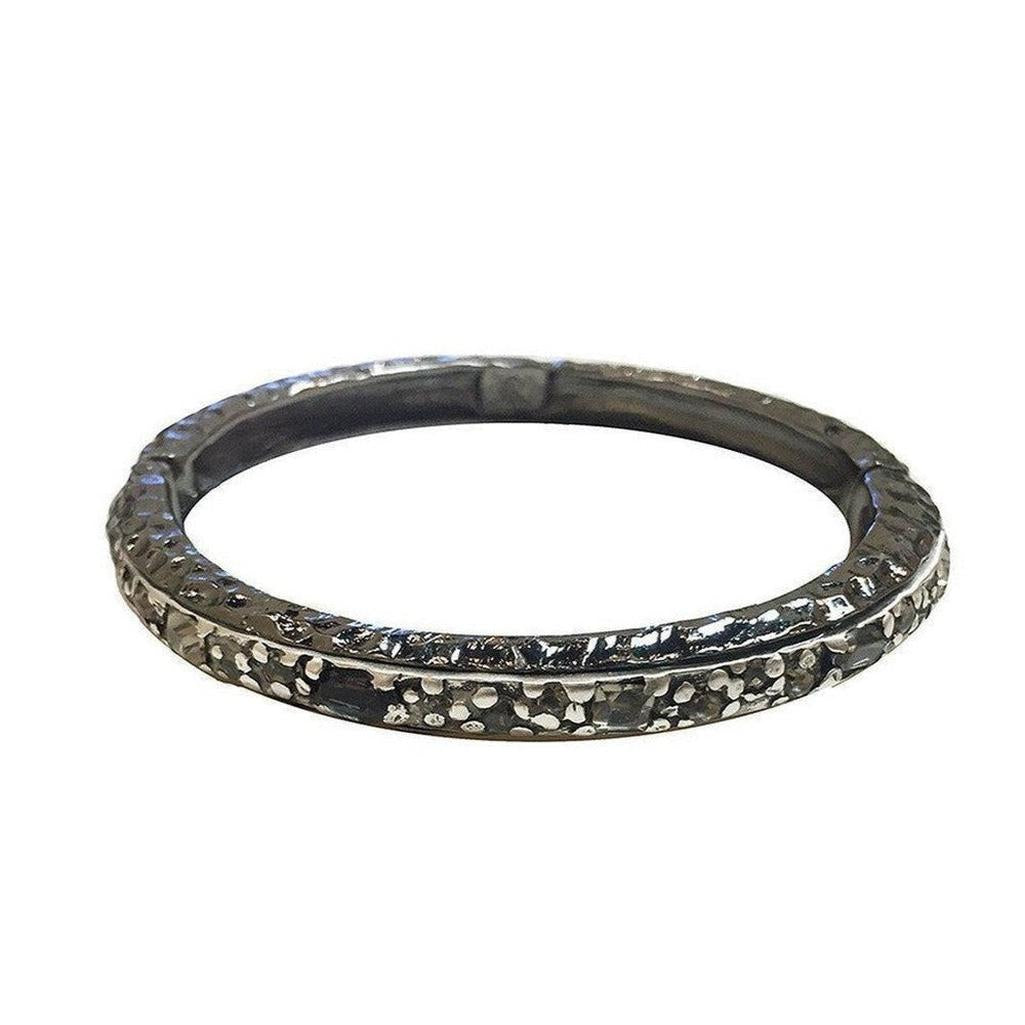 Ibiza Gunmetal Hammered Hinged Bangle Bracelet with sparkling crystals.
