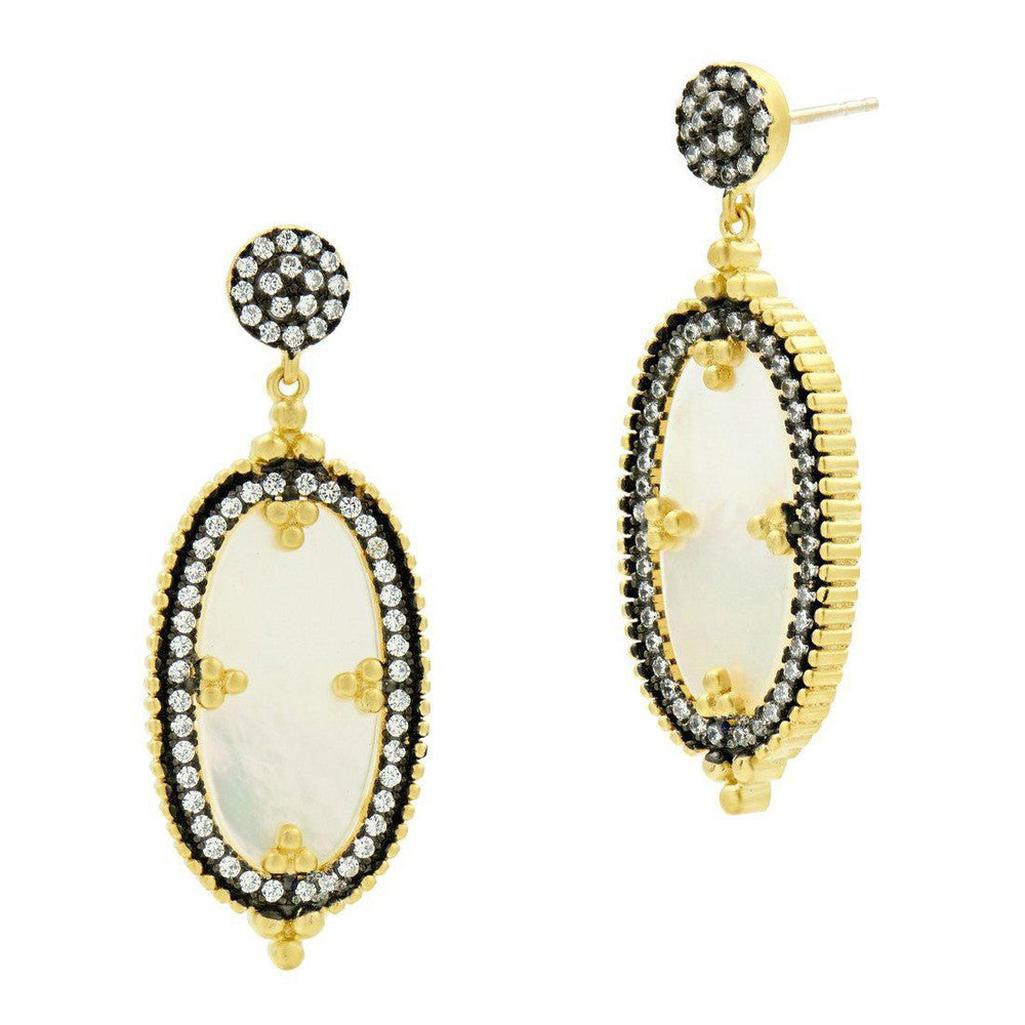 Imperial Mother of Pearl earrings: Gold-tone oval drop earrings with mother-of-pearl center and clear cubic zirconia accents.
