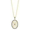 Oval mother-of-pearl pendant necklace with gold chain and black diamond accents.
