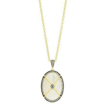 Oval mother-of-pearl pendant necklace with gold chain and black diamond accents.
