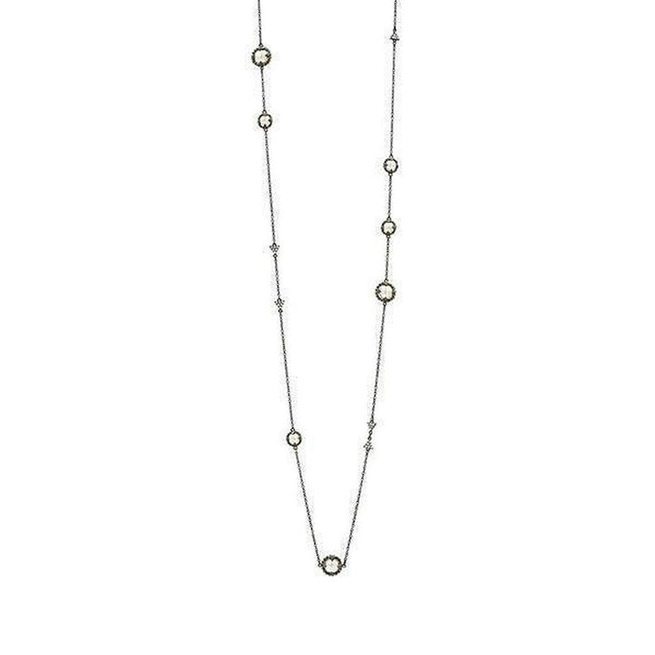 Industrial Finish Pearl Station Necklace: Long chain with pearl accents.
