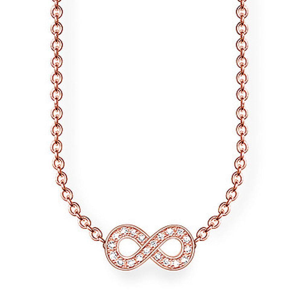 Rose gold infinity necklace with clear cubic zirconia accents.
