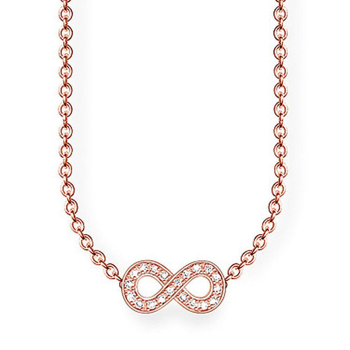 Rose gold infinity necklace with clear cubic zirconia accents.
