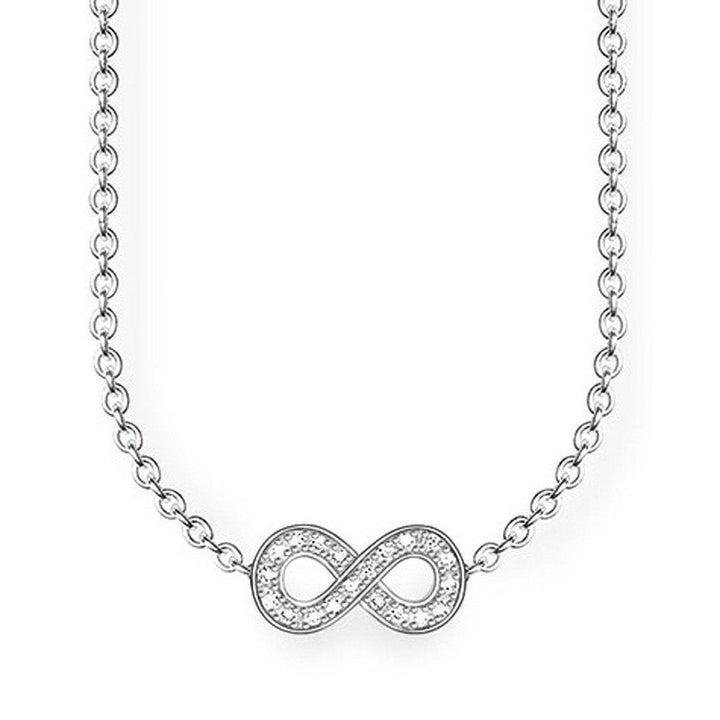 Infinity Diamond Necklace: Silver chain, sparkling infinity symbol pendant.
