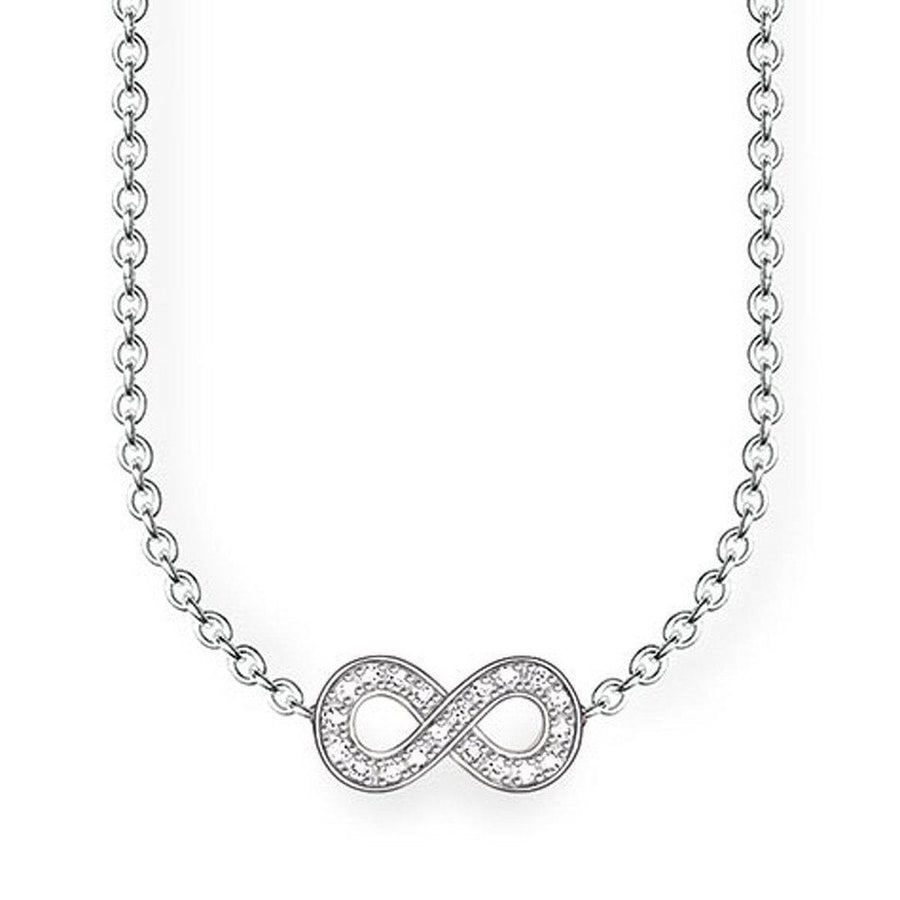 Infinity Diamond Necklace: Silver chain, sparkling infinity symbol pendant.
