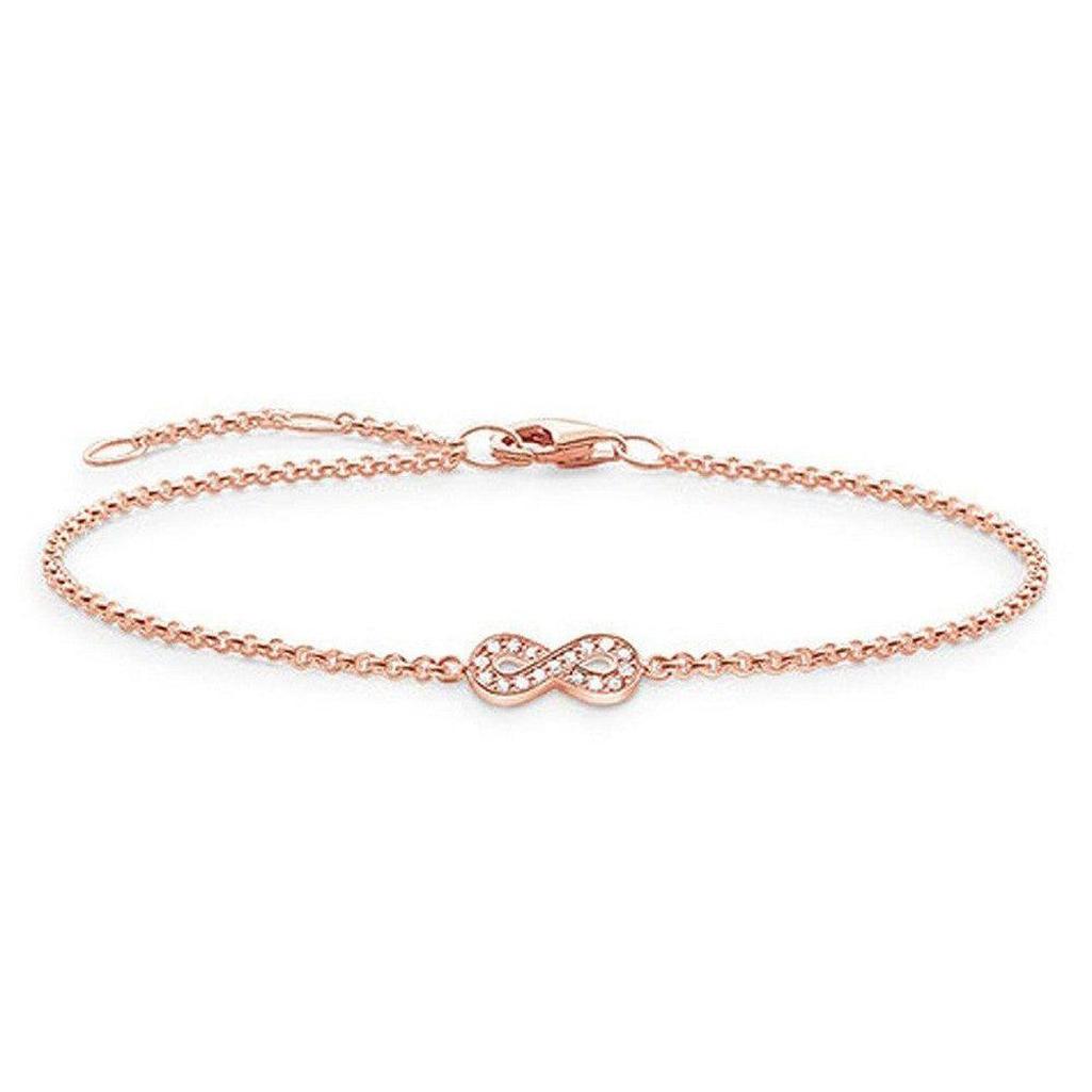 Rose gold Infinity Symbol diamond bracelet with delicate chain.
