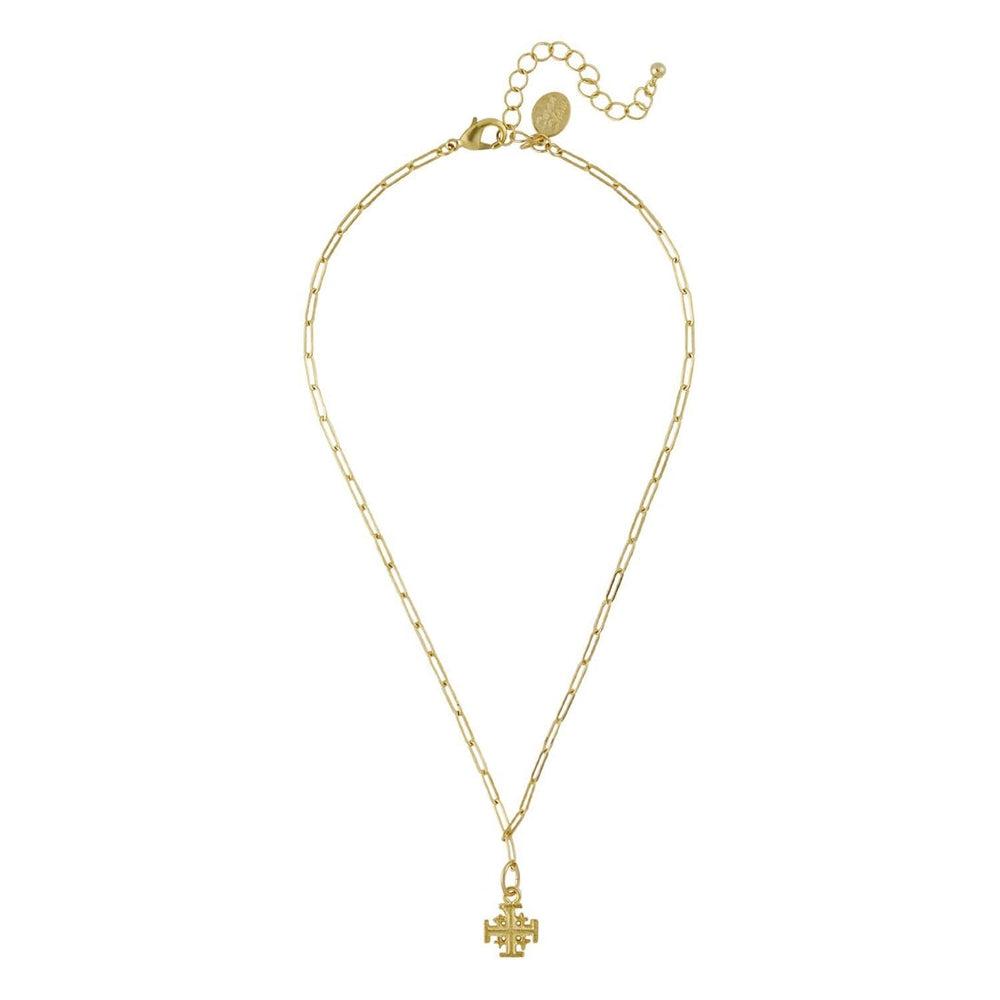Gold necklace featuring a Jerusalem cross pendant on a paperclip chain.
