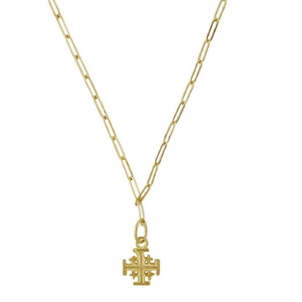 Gold Jerusalem Cross necklace with paperclip chain
