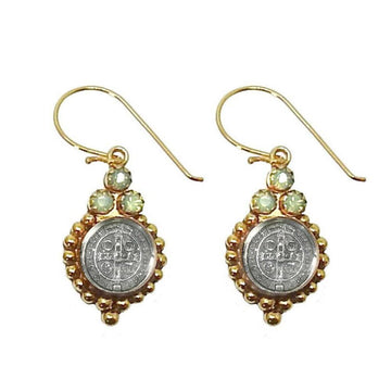 Gold dangle earrings featuring a St. Jude medal, accented with light green crystals.
