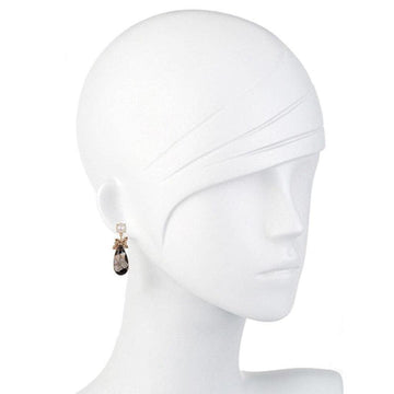 Smoky quartz teardrop earrings with pearl and gold accents, displayed on a mannequin.
