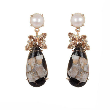 Joya Honey Drop Earrings: Rose gold earrings featuring teardrop black & white stones, pearls, and topaz accents.
