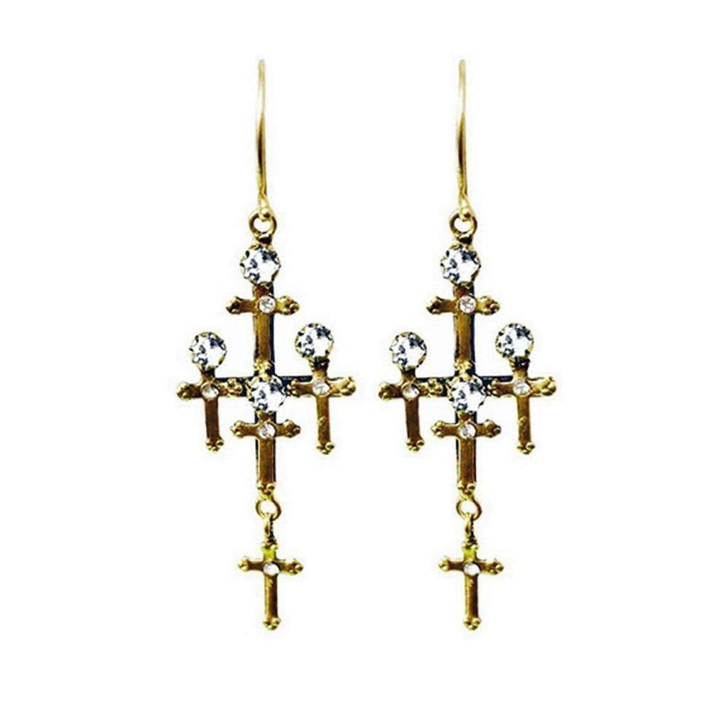 Gold Judgement earrings featuring multiple clear crystal-embellished crosses.
