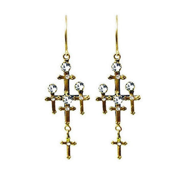 Gold Judgement earrings featuring multiple clear crystal-embellished crosses.
