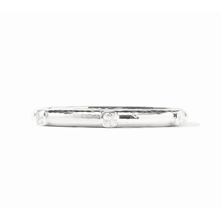 Silver hinged Catalina bangle with a hammered texture and clear cubic zirconia accents on a white background.