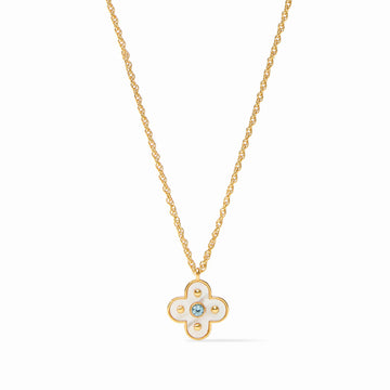 24K gold-plated chain necklace featuring a delicate clover-shaped mother of pearl pendant with a central CZ stone.