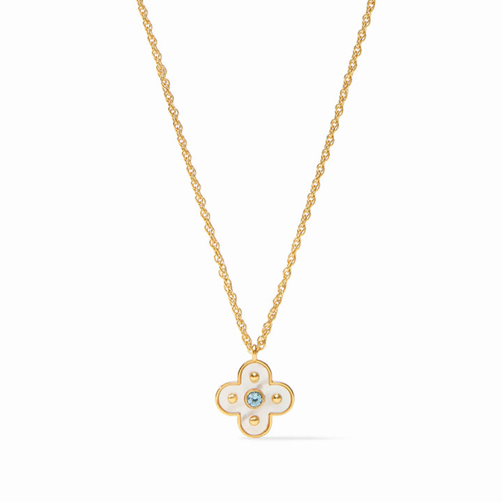 24K gold-plated chain necklace featuring a delicate clover-shaped mother of pearl pendant with a central CZ stone.