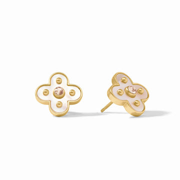 Colette stud earrings in 24K gold plate with mother of pearl, CZ center, and a clover-shaped design.