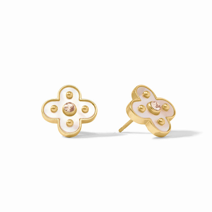Colette stud earrings in 24K gold plate with mother of pearl, CZ center, and a clover-shaped design.