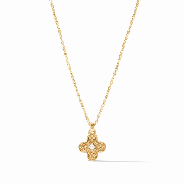 Corinth delicate 24K gold-plated necklace featuring an ornate floral pendant with a central pearl accent.