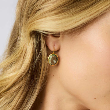 Laguna Stone earrings featuring a faceted aquamarine glass stone set in 24K gold plate on a French wire hook.