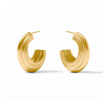 Pair of brushed 24K gold-plated Portofino hoop earrings featuring a textured, ribbed design for pierced ears.
