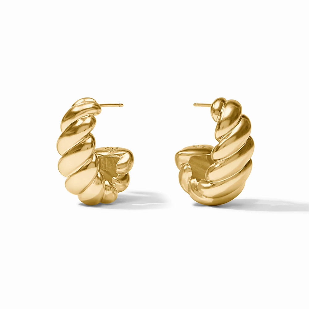 Julie Vos Ravello hoop earrings in 24K gold plate featuring a brushed, ribbed texture and post backs.