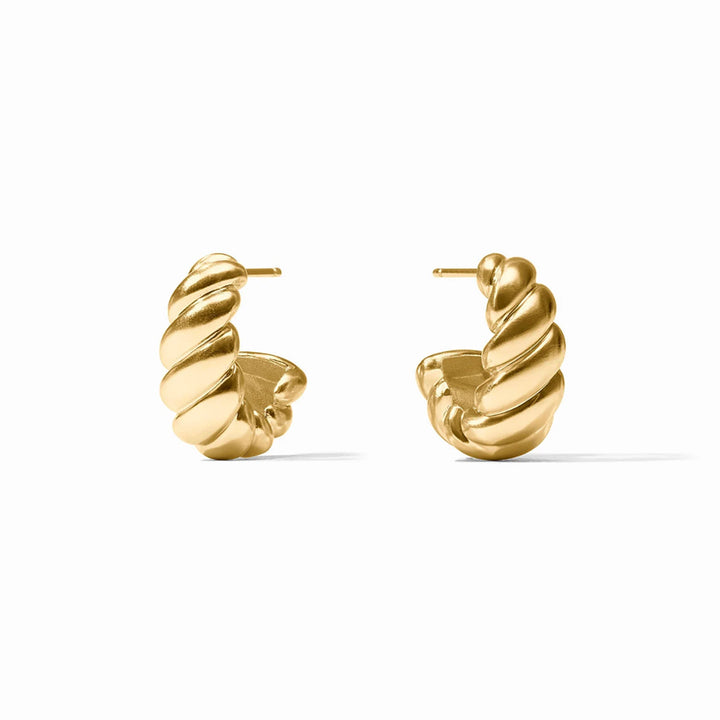 Julie Vos Ravello small brushed ribbed hoop earrings in 24K gold plate with post backs for pierced ears.