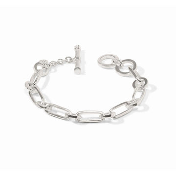 Silver-plated Sahara demi link bracelet with a toggle clasp and adjustable chain on a white background.