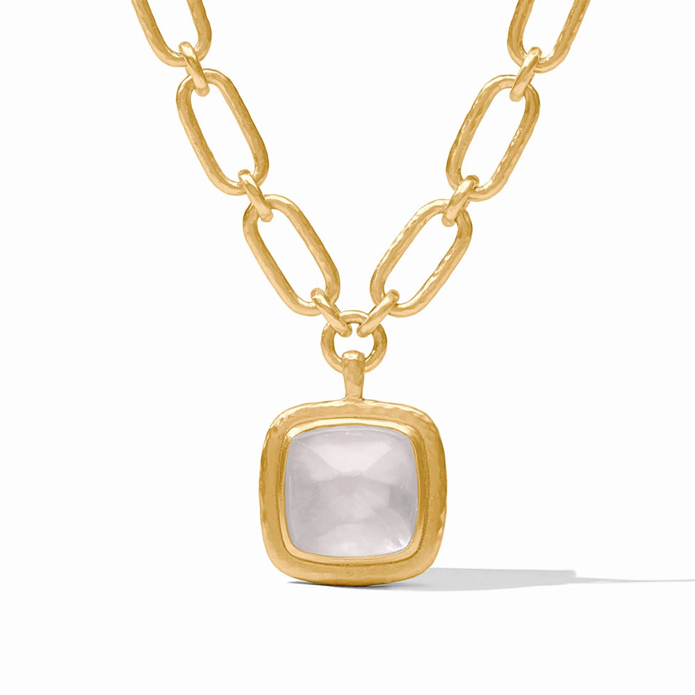 Sahara statement necklace featuring a square gemstone pendant on a 19-inch 24K gold-plated chain link with a toggle closure.