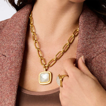 24K gold-plated chain necklace featuring a square gemstone pendant with a toggle closure, worn at a 19-inch length.