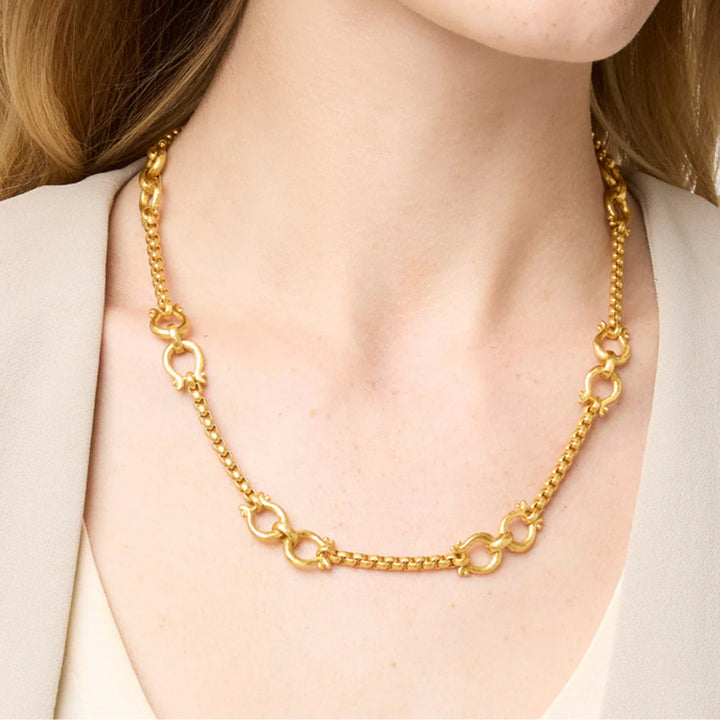 Saratoga Demi Link necklace in 24K gold plate featuring textured chain links and a toggle clasp worn around the neck.