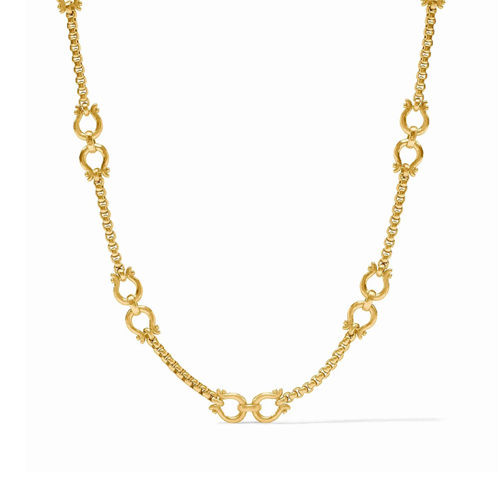 Saratoga Demi Link necklace in 24K gold plate featuring ornate horseshoe-style links and a toggle clasp.