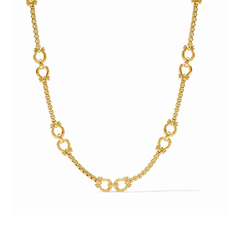 Saratoga Demi Link necklace in 24K gold plate featuring ornate horseshoe-style links and a toggle clasp.