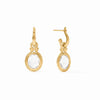 Saratoga huggie hoop earrings in 24K gold plate featuring oval imported glass crystal charms.