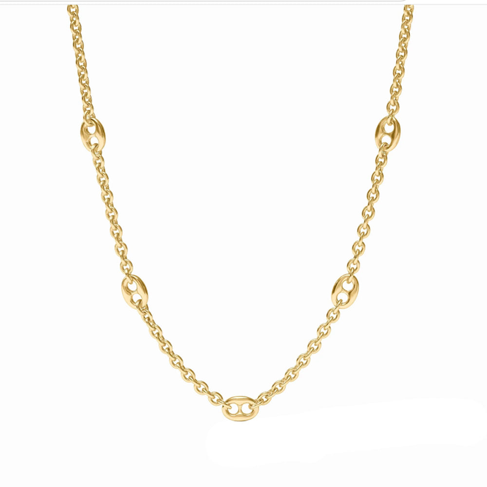 Julie Vos Saratoga Station necklace in 24K gold plate featuring a delicate chain with oval station accents.