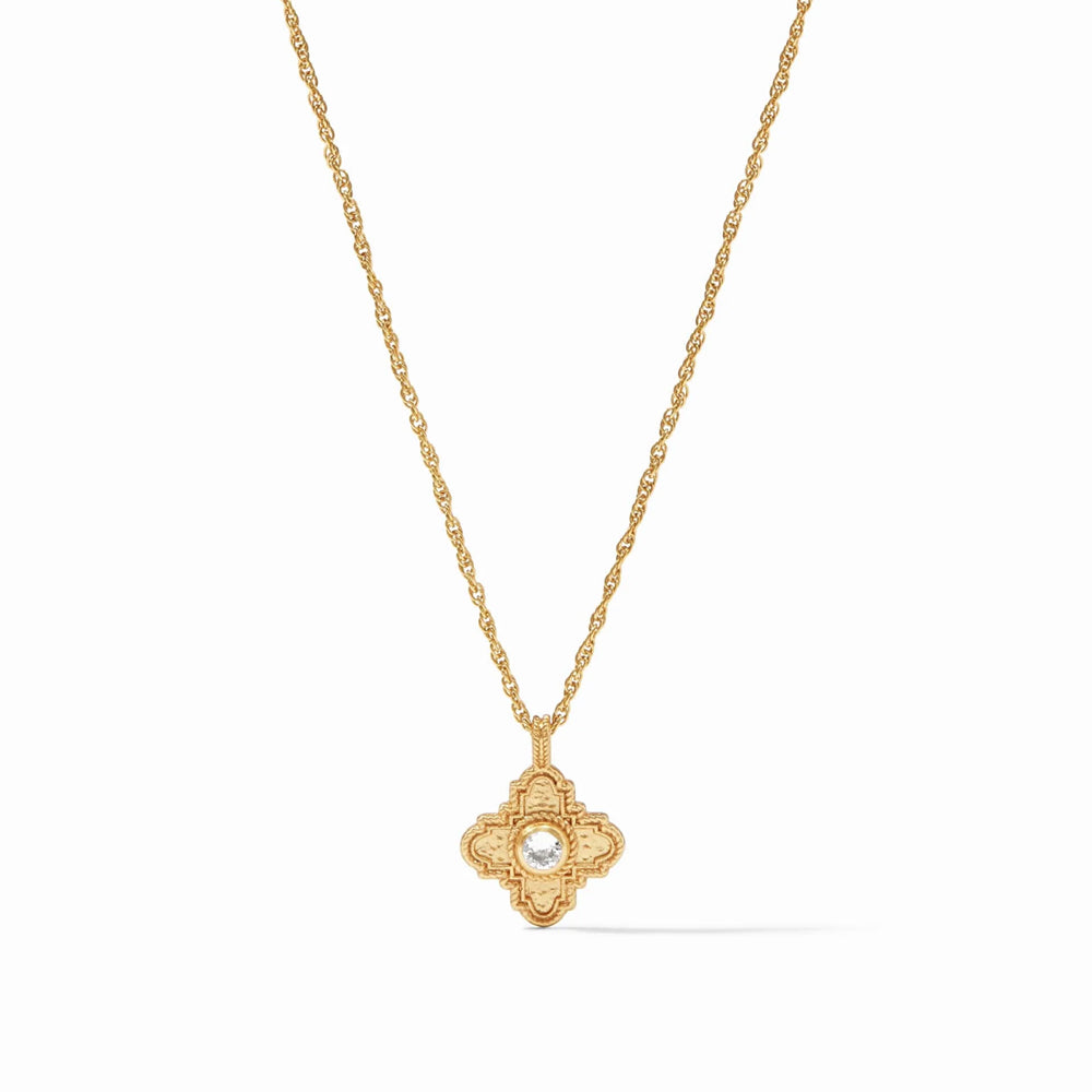 Theodora delicate 24K gold-plated necklace featuring a textured quatrefoil pendant with a central CZ stone on a slender chain.