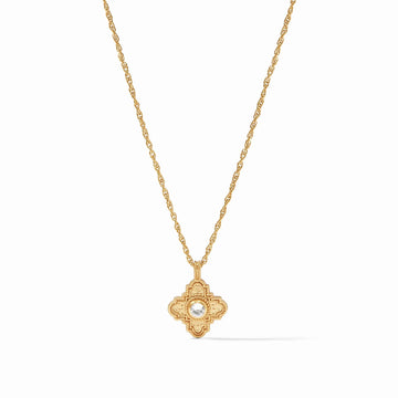 Theodora delicate 24K gold-plated necklace featuring a textured quatrefoil pendant with a central CZ stone on a slender chain.