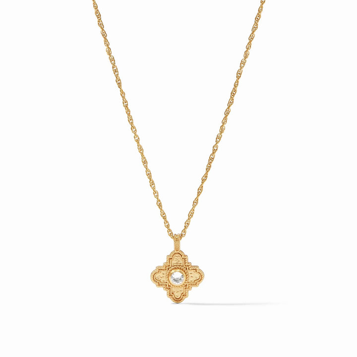 Theodora delicate 24K gold-plated necklace featuring a textured quatrefoil pendant with a central CZ stone on a slender chain.