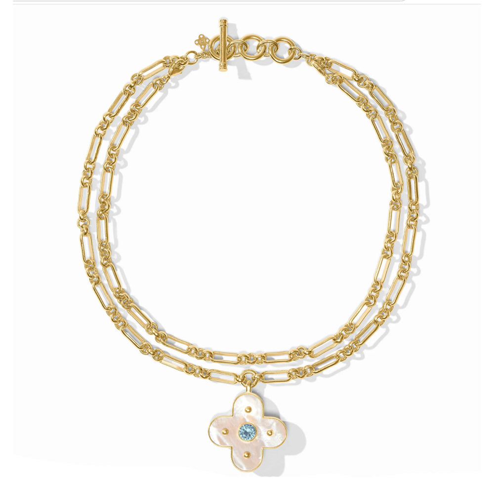24K gold-plated double chain necklace with a mother of pearl clover pendant and central CZ stone, toggle closure.